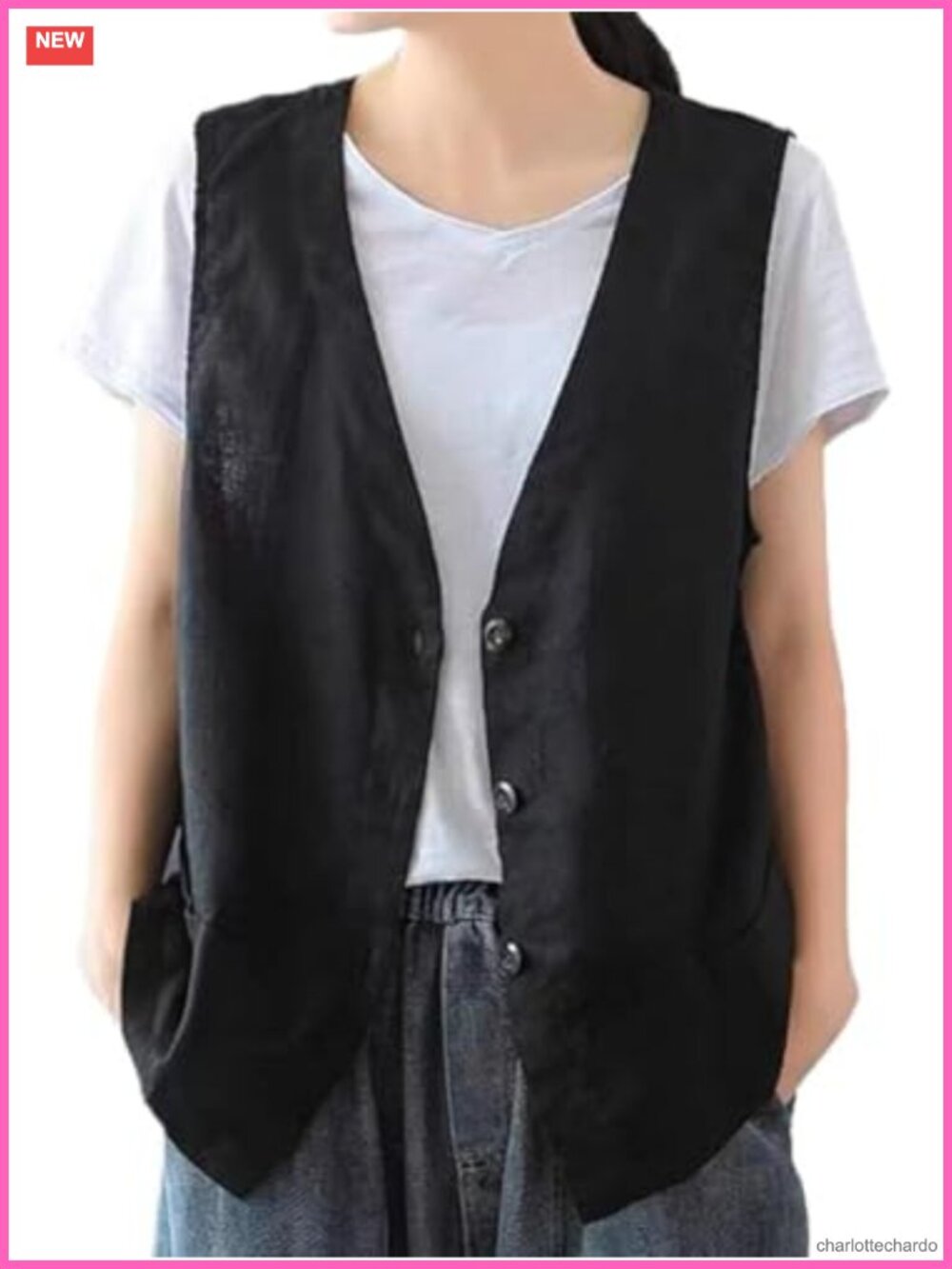 Womens Cotton Linen Sleeveless V Neck Button Vest Casual Blazer